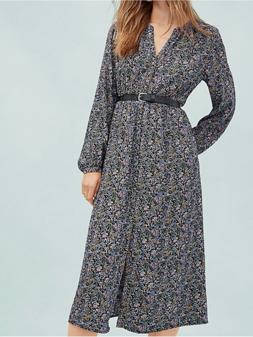 LOFT Black Floral Button-Front Midi Dress